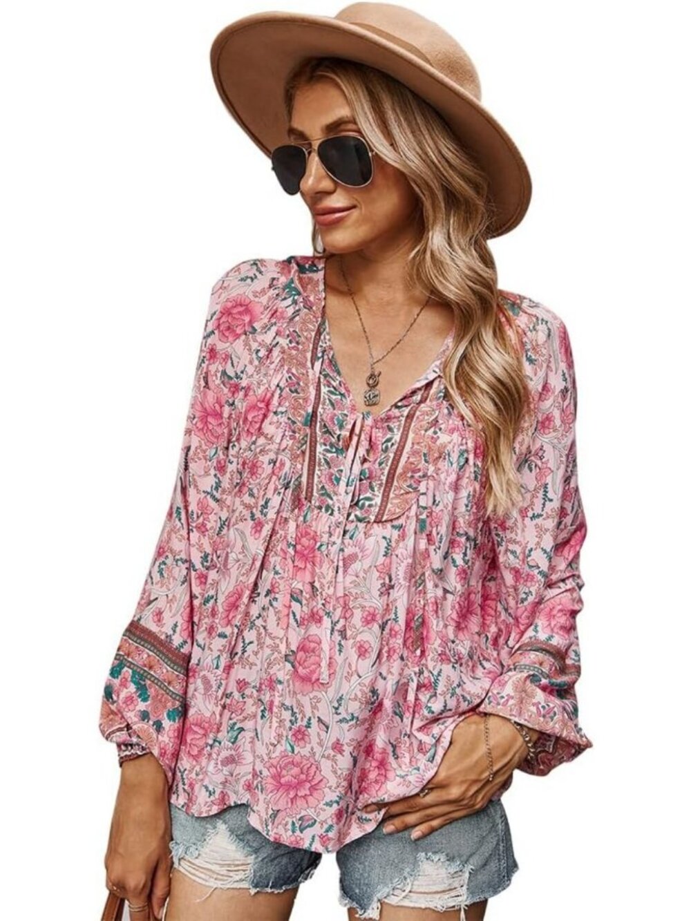 Floral V Neck Flowy Boho Top for Women | Lightweight, Casual Summer Style